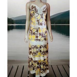 YA-YA Yellow Brown Tiered Size S Lace Inserts Women's Maxi Dress NEW #H